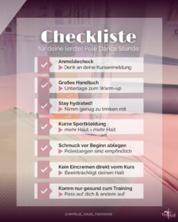 Du bist dir unsicher, woran du alles vor deinem (ersten) Pole Dance Kurs denken sollst? Keine Sorge!

👉Hier deine Checkliste zum Abspeichern! 

✅Anmeldecheck 
Denke bitte daran nur angemeldet zum Kurs zu erscheinen. Ohne feste Anmeldung müssen wir dich leider wieder nach Hause schicken. 😔

🤸‍Großes Handtuch 
Bring bitte dein eigenes Handtuch mit, damit du für dein Warm-up eine Unterlage hast. 🧘‍♀️

💧Stay Hydrated 
Genügend zu trinken ist wichtig, also denk bitte daran deine Trinkflasche mitzubringen! ☝️Am besten eine Flasche aus Kunststoff, da Glasflaschen schnell kaputt gehen können. 😖

🎽Kurze Sportkleidung
Mithilfe von unserer Haut bekommen wir Halt an der Stange. Es muss keine ausgefallene Pole Dance Kleidung sein. Einfache Shorts und ein kurzes Oberteil reichen vollkommen aus! 😊

💍Schmuck vor Beginn ablegen 
Insbesondere Ringe, Uhren und Armbänder können die Pole Stangen beschädigen. Piercings mit Kontakt zur Stange entweder bedecken oder abkleben, um die Verletzungsgefahr zu minimieren. Du möchtest nicht mit deinem Bauchnabelpiercing hängen bleiben, glaube uns 🥲🩹

🧴Kein Eincremen direkt vorm Kurs 
Wenn du dich frisch eincremst, haftet deine Haut wesentlich schlechter und du rutschst schneller von der Stange. Zudem lässt sich der Fettfilm auf der Stange schwieriger reinigen und kann den Halt der nachfolgenden Trainierenden gefährden. ⚠️
Vermeide daher am besten 24 Stunden vor Kursbeginn sämtliche Cremes und Lotions. 🙅‍♀️

❤️‍🩹Komm nur gesund zum Training 
Nicht nur wegen deiner eigenen Gesundheit solltest du auf Sport verzichten, sondern auch deinen Mitmenschen zuliebe. Du möchtest sicherlich auch nicht angesteckt werden. 🤒
Lass uns daher gemeinsam aufeinander aufpassen und Rücksicht nehmen 🤗🌼

⭐️Alles klar soweit? Dann kann für deinen Kursbesuch ja nichts mehr schief gehen! 🥳

Du möchtest unseren Verein kennenlernen? Schreibe uns gerne eine PN oder kontaktiere uns unter anfrage@verticalsouls.de – Wir freuen uns dich auf deiner Poledance Reise begleiten zu dürfen! 💖💫

#poledance #pole #poledancehannover #polefitness #polecommunity