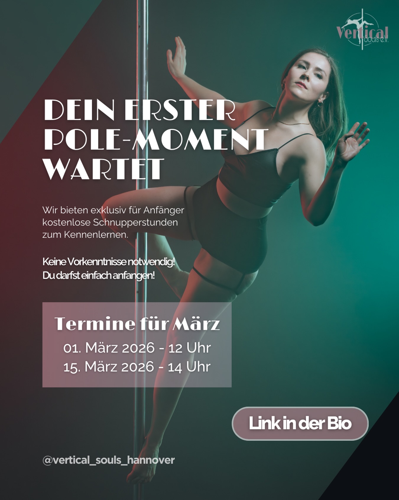 ✨Dein erster Pole Moment wartet ✨

Du interessierst dich für Pole Dance oder willst einfach etwas Neues wagen? 

👉Unsere exklusiven Schnupperkurse für Anfänger:innen für den Monat März sind online! 🥳

📆 01. März 2026 - Sonntag um 12 Uhr 
📆 15. März 2026 - Sonntag um 14 Uhr 

In entspannter Atmosphäre zeigen wir dir step by step und ohne jeglichen Druck die ersten Pole Moves, um ein Gefühl für den Sport zu bekommen. Dabei achten wir auf dein persönliches Level, sodass du auch ohne sportliche Vorkenntnisse tolle Erfolgserlebnisse mit nach Hause nehmen wirst, versprochen! ☺️💖
Und wer weiß, vielleicht entdeckst du an dem Tag deine neue Leidenschaft. ❤️‍🔥 

🔗✉️ Melde dich direkt über den Link in der Bio an oder schreibe uns eine PN 💖 Auch bei Fragen sind wir gern für dich da! ☺️

Wir freuen uns sehr dich bei deinem ersten Schritt auf deiner Poledance Reise begleiten zu dürfen! 💖💫

Fotograf: @torstencantilever 

#poledance #pole #poledancehannover #polefitness #polecommunity