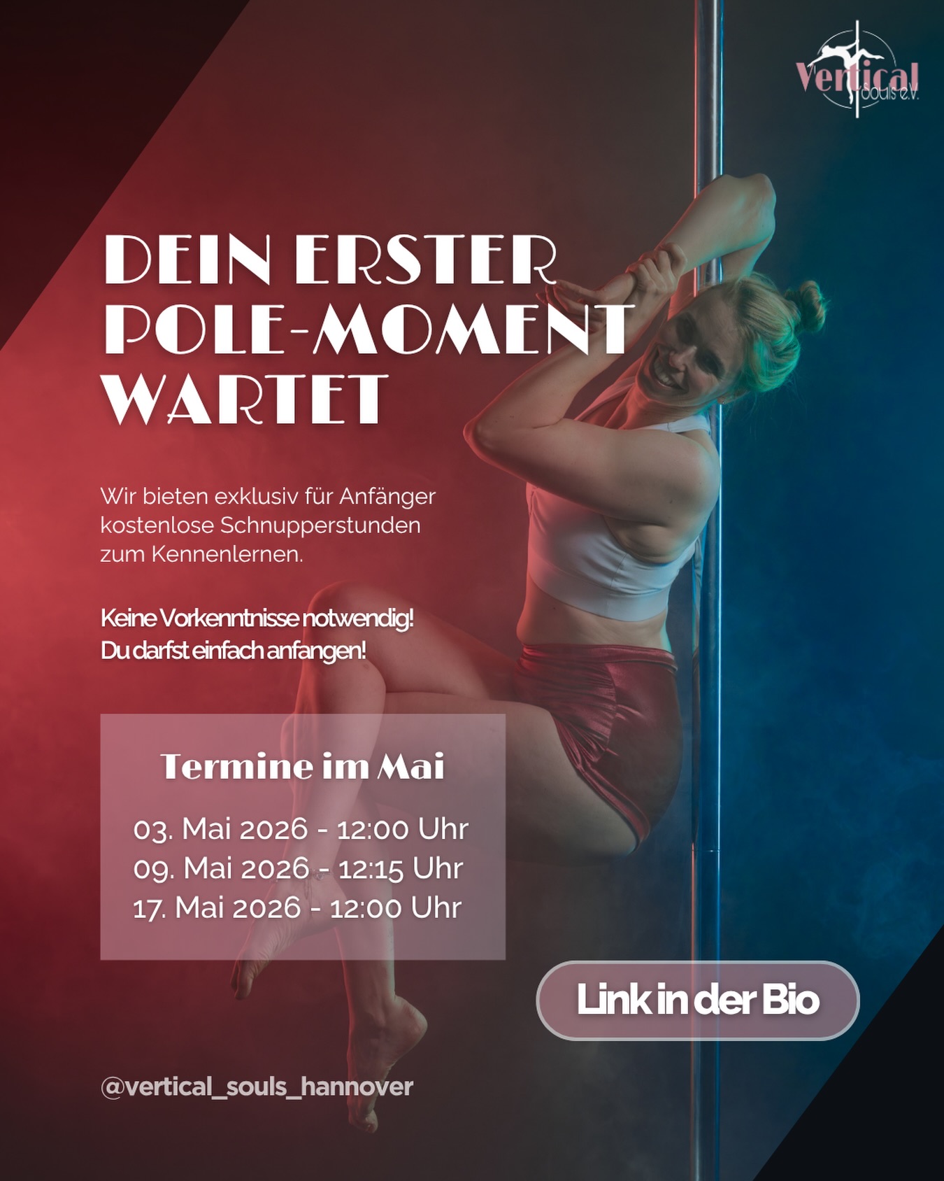 🌼💃Tanz in den Mai! Und zwar mit unseren Schnupperkursen im Mai, die jetzt online sind!🩷

Du bist dir nicht sicher, ob Pole Dance das Richtige für dich ist? Keine Sorge! ❤️

👉 In unseren exklusiven Schnupperkursen für Anfänger:innen darfst du den Sport unbeschwert ausprobieren und unseren Verein kennenlernen 💖 

📆 Unsere Termine im Mai:

➡️ 03. Mai 2026 - Sonntag um 12 Uhr 
➡️ 09. Mai 2026 - Samstag um 12:15 Uhr 
➡️ 17. Mai 2026 - Sonntag um 12 Uhr 

In entspannter Atmosphäre zeigen wir dir step by step und ohne jeglichen Druck die ersten Pole Moves, um ein Gefühl für den Sport zu bekommen. Dabei achten wir auf dein persönliches Level, sodass du auch ohne sportliche Vorkenntnisse tolle Erfolgserlebnisse mit nach Hause nehmen wirst, versprochen! ☺️💖
Und wer weiß, vielleicht entdeckst du an dem Tag deine neue Leidenschaft. ❤️‍🔥 

🔗💌 Melde dich direkt über den Link in der Bio an oder schreibe uns eine PN 💖 Auch bei Fragen sind wir gern für dich da! ☺️

Wir freuen uns sehr dich bei deinem ersten Schritt auf deiner Poledance Reise begleiten zu dürfen! 💖💫

Fotograf: @torstencantilever 

#poledance #pole #poledancehannover #polefitness #polecommunity