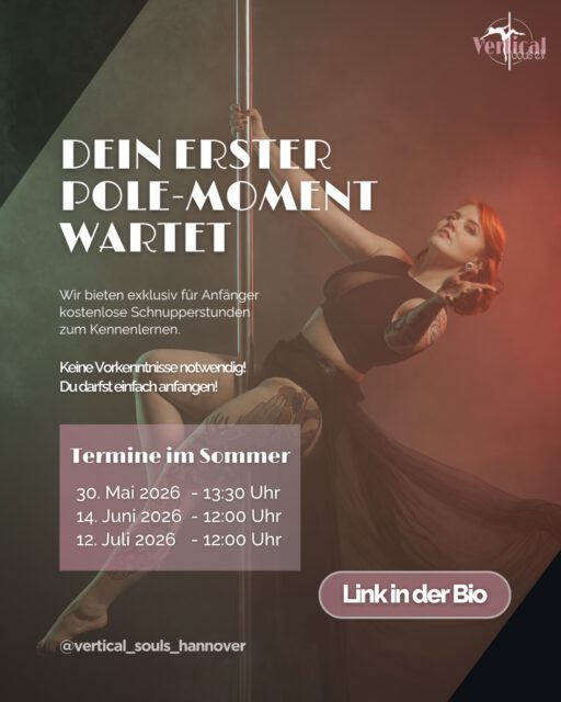 ☀️Der Sommer kann kommen!🧡 Unsere Schnupperstunden für die Sommermonate sind online 💛

Du bist dir nicht sicher, ob Pole Dance das Richtige für dich ist? Keine Sorge! ❤️

👉 In unseren exklusiven Schnupperkursen für Anfänger:innen darfst du den Sport unbeschwert ausprobieren und unseren Verein kennenlernen 💖 

📆 Unsere Termine im Sommer:

➡️ 30. Mai 2026 - Samstag um 13:30 Uhr 
➡️ 14. Juni 2026 - Sonntag um 12:00 Uhr 
➡️ 12. Juli 2026 - Sonntag um 12:00 Uhr 

In entspannter Atmosphäre zeigen wir dir step by step und ohne jeglichen Druck die ersten Pole Moves, um ein Gefühl für den Sport zu bekommen. Dabei achten wir auf dein persönliches Level, sodass du auch ohne sportliche Vorkenntnisse tolle Erfolgserlebnisse mit nach Hause nehmen wirst, versprochen! ☺️💖
Und wer weiß, vielleicht entdeckst du an dem Tag deine neue Leidenschaft. ❤️‍🔥 

🔗💌 Melde dich direkt über den Link in der Bio an oder schreibe uns eine PN 💖 Auch bei Fragen sind wir gern für dich da! ☺️

Wir freuen uns sehr dich bei deinem ersten Schritt auf deiner Poledance Reise begleiten zu dürfen! 💖💫

Fotograf: @torstencantilever 

#poledance #pole #poledancehannover #polefitness #polecommunity